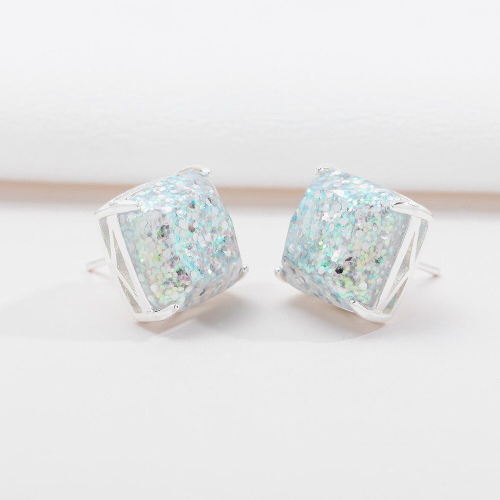Alicia Bonnie Silver Glitter Square Stud Earrings Minimalist Everyday Earrings